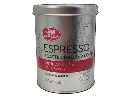 Saquella Espresso 100% Arabica Dark roast mletá káva dóza 250g