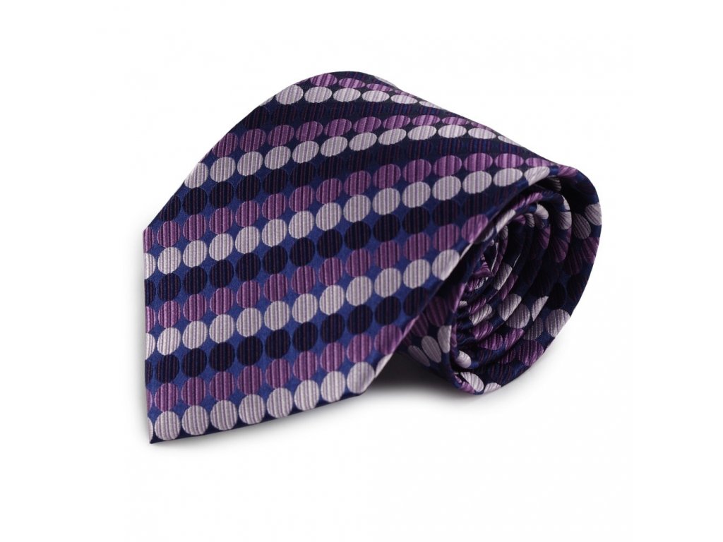 Modrá hedvábná kravata s fialovými puntíky