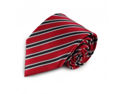 Červená mikrovláknová kravata s proužky (černá, bílá)