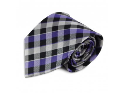 Hedvábná kravata s károvaným vzorem (fialová, černá, bílá)