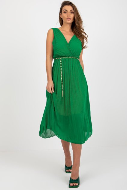 Plisované midi šaty s páskem zelené