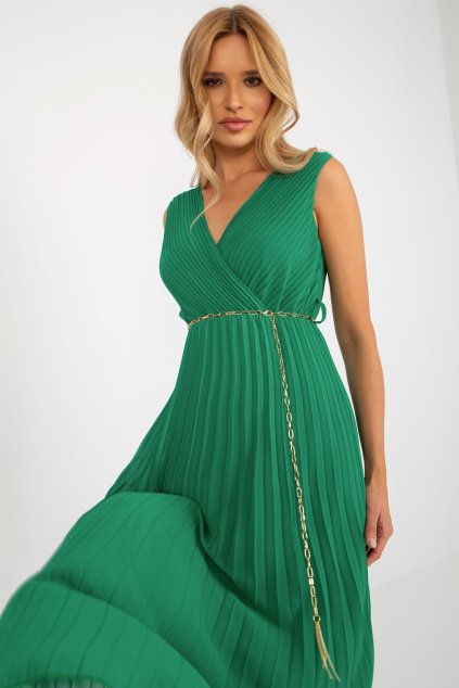 Plisované midi šaty s páskem tmavě zelené