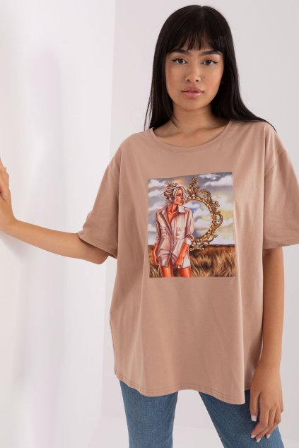 Béžové dámské tričko oversize s potiskem