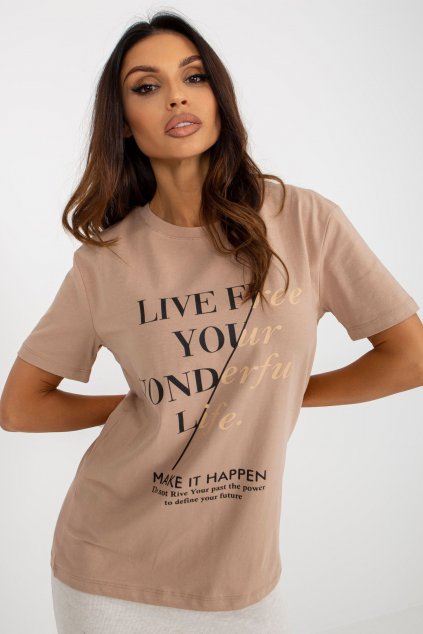 Tmavě béžové bavlněné dámské tričko s nápisy
