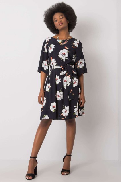 Šaty s květovaným vzorem a páskem černé (Velikost 44)