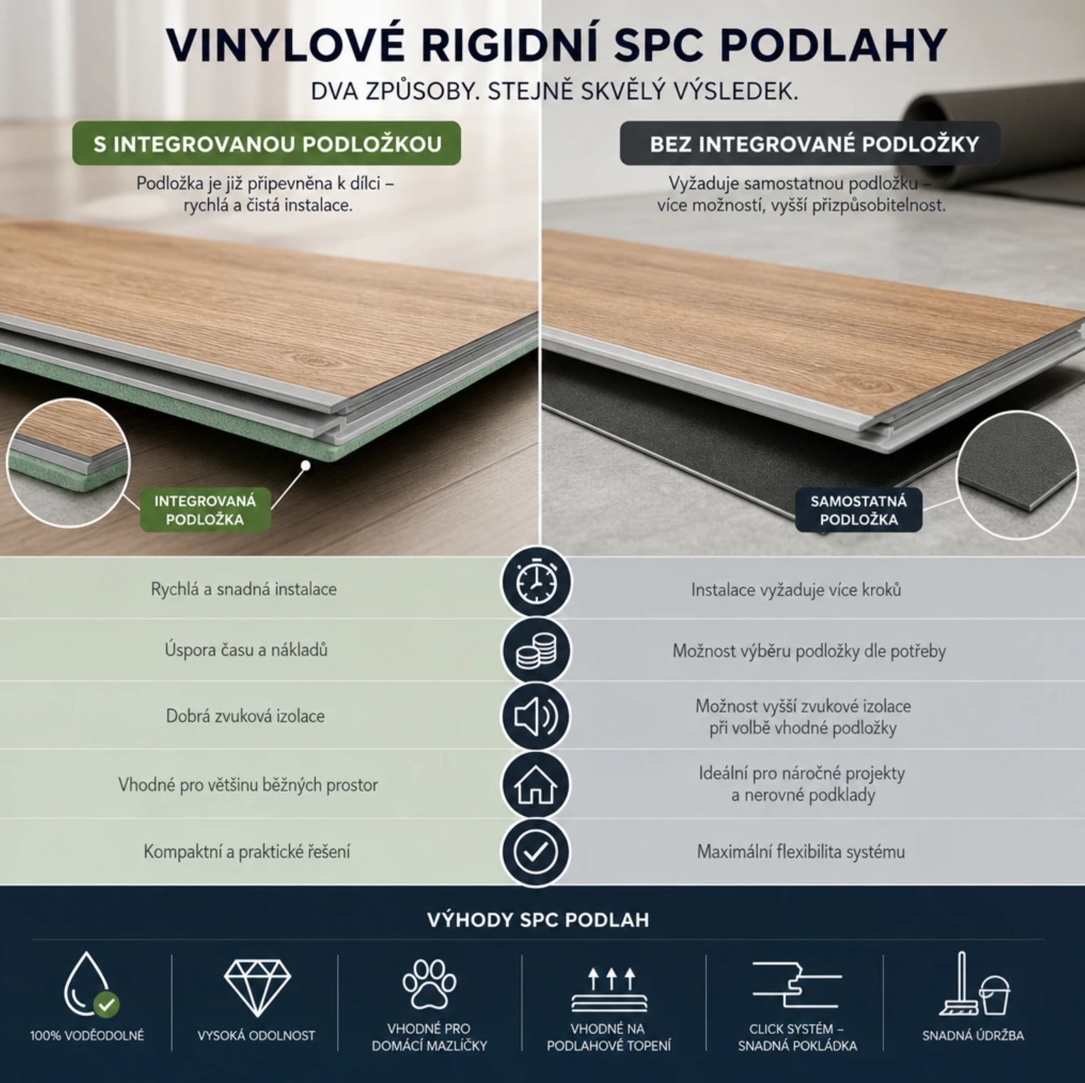 Porovnání SPC podlah - s integrovanou podložkou nebo bez