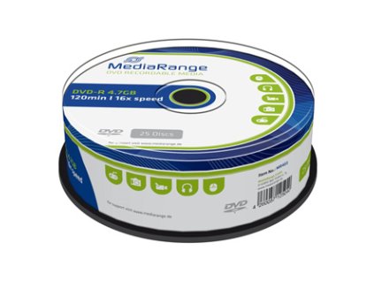 Mediarange DVD-R, MR403, 4.7GB, 16x, cake box, 25-pack, bez možnosti potisku, 12cm, Standard, pro archivaci dat