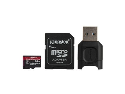 Kingston paměťová karta Canvas React Plus, 64GB, micro SDXC, MLPMR2/64GB, UHS-II U3, s adaptérem, A1, V90
