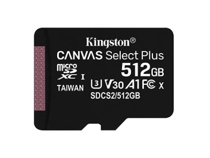Kingston paměťová karta Canvas Select Plus, 512GB, micro SDXC, SDCS2/512GBSP, UHS-I U1 (Class 10), A1