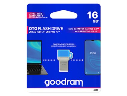 Goodram USB flash disk OTG, USB 3.0, 16GB, ODD3, modrý, ODD3-0160B0R11, USB A / USB C, s krytkou