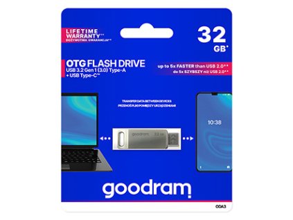 Goodram USB flash disk, USB 3.0, 32GB, ODA3, stříbrný, ODA3-0320S0R11, USB A / USB C, s otočnou krytkou