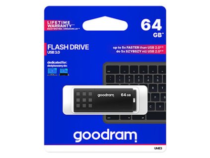 Goodram USB flash disk, USB 3.0, 64GB, UME3, černý, UME3-0640K0R11, USB A, s krytkou