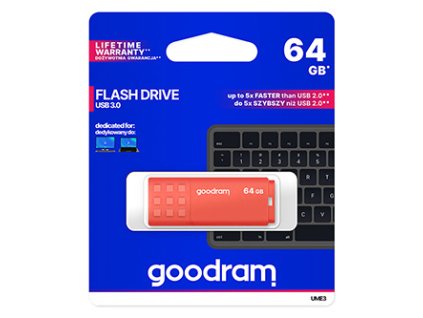 Goodram USB flash disk, USB 3.0, 64GB, UME3, oranžový, UME3-0640O0R11, USB A, s krytkou