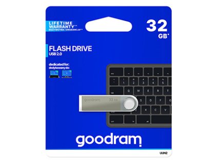 Goodram USB flash disk, USB 2.0, 32GB, UUN2, stříbrný, UUN2-0320S0R11, USB A, s poutkem