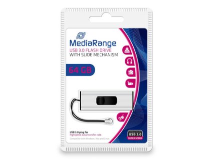 MediaRange USB flash disk, USB 3.0, 64GB, stříbrný, MR917, USB A, s poutkem, vysouvací