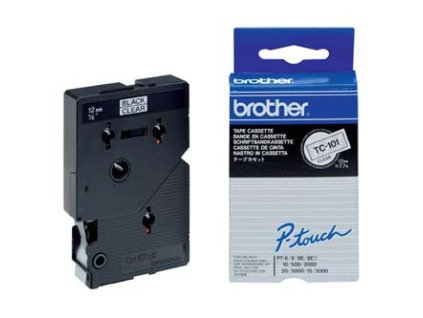 Brother originální páska do tiskárny štítků, Brother, TC-101, černý tisk/průsvitný podklad, laminovaná, 7.7m, 12mm