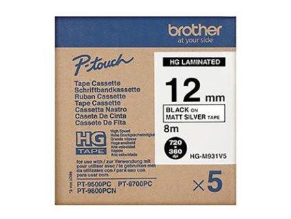 Brother originální páska do tiskárny štítků, Brother, HGE-M931, černý tisk/stříbrný matný podklad, 8m, 12mm, 5 ks v balení, cena z