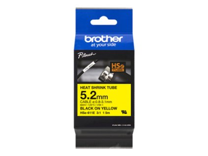 Brother originální páska do tiskárny štítků, Brother, HSE-611E, černý tisk/žlutý podklad, 1.5m, 5.2mm