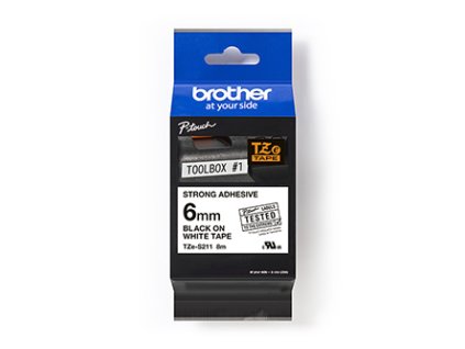 Brother originální páska do tiskárny štítků, Brother, TZE-S211, černý tisk/bílý podklad, laminovaná, 8m, 6mm, extrémně adhezivní