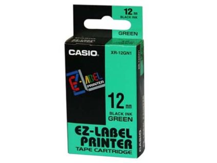 Casio originální páska do tiskárny štítků, Casio, XR-12GN1, černý tisk/zelený podklad, nelaminovaná, 8m, 12mm