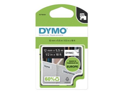 Dymo originální páska do tiskárny štítků, Dymo, 16959, S0718060, černý tisk/bílý podklad, 5.5m, 12mm, D1, speciální - permanentní
