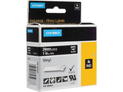 Dymo originální páska do tiskárny štítků, Dymo, 12267, 1805432, bílý tisk/černý podklad, 5.5m, 24mm, RHINO vinylová profi D1