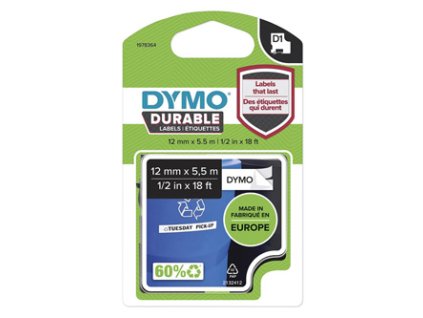 Dymo originální páska do tiskárny štítků, Dymo, 1978364, černý tisk/bílý podklad, 5.5m, 12mm, D1, permanentní vinylová