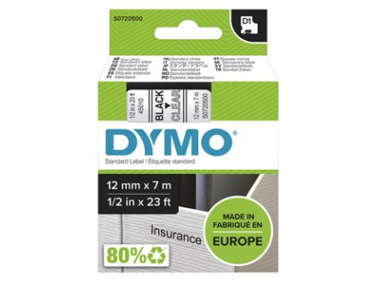Dymo originální páska do tiskárny štítků, Dymo, 45010, S0720500, černý tisk/průhledný podklad, 7m, 12mm, D1