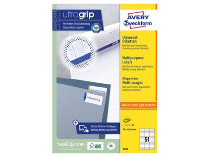 Avery Zweckform etikety 70mm x 16.9mm, A4, bílé, 51 etiket, baleno po 100 ks, 3420, pro laserové a inkoustové tiskárny, kopírky