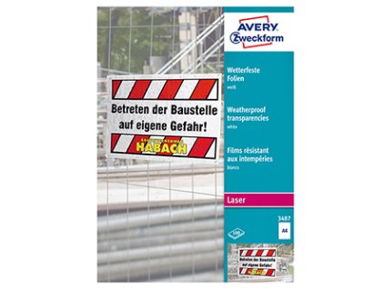 Avery Zweckform fólie 210mm x 297mm, A4, bílé, 1 etiketa, voděodolné, baleno po 100 ks, 3487, pro laserové tiskárny a kopírky