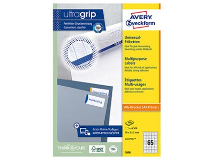 Avery Zweckform etikety 38 x 21.2 mm, A4, bílé, 65 etiket, baleno po 100 ks, 3666, pro laserové a inkoustové tiskárny, kopírky