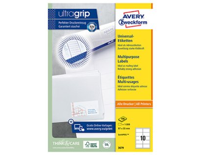 Avery Zweckform etikety 97 x 55 mm, A4, bílé, 10 etiket, baleno po 100 ks, 3679, pro laserové a inkoustové tiskárny, kopírky