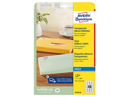 Avery Zweckform etikety 45.7mm x 21.2mm, A4, průhledné, transparentní, 48 etiket, adresní, baleno po 25 ks, J4720-25, pro inkousto