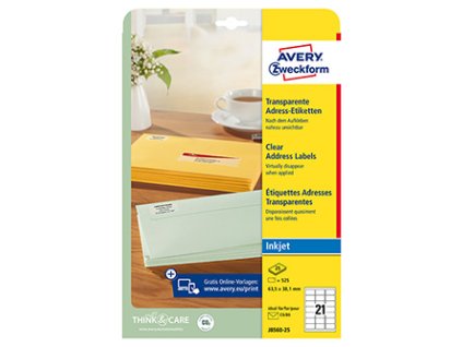 Avery Zweckform etikety 63.5mm x 38.1mm, A4, průhledné, transparentní, 21 etiket, adresní, baleno po 25 ks, J8560-25, pro inkousto