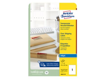 Avery Zweckform etikety 210mm x 297mm, A4, průhledné, transparentní, 1 etiketa, na balíky, baleno po 25 ks, J8567-25, pro inkousto