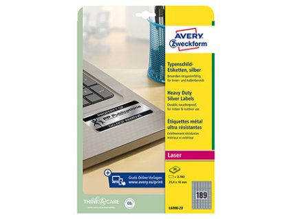 Avery Zweckform etikety 25.4mm x 10mm, A4, stříbrné, 189 etiket, velmi odolné, baleno po 20 ks, L6008-20, pro laserové tiskárny