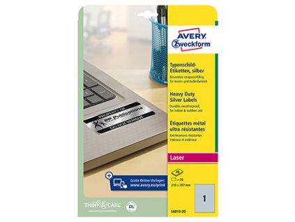Avery Zweckform etikety 210mm x 297mm, A4, stříbrné, 1 etiketa, velmi odolné, baleno po 20 ks, L6013-20, pro laserové tiskárny