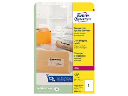 Avery Zweckform etikety 210mm x 297mm, A4, průhledné, transparentní, 1 etiketa, na balíky, baleno po 25 ks, L7567-25, pro laserové