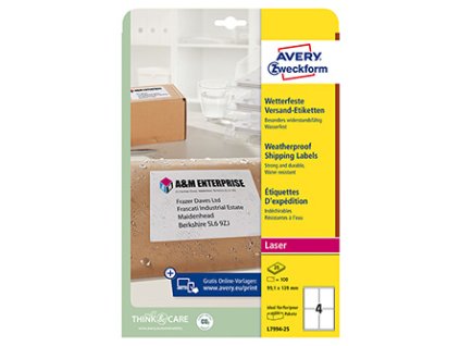 Avery Zweckform etikety 99.1mm x 139mm, A4, bílé, 1 etiketa, voděodolné, baleno po 25 ks, L7994-25, pro laserové tiskárny