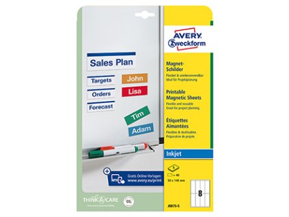 Avery Zweckform štítky 50mm x 140mm, A4, matné, bílé, 8 štítků, magnetické, baleno po 5 ks, J8875-5, pro inkoustové tiskárny