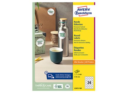 Avery Zweckform etikety 40mm, A4, bílé, 24 etiket, baleno po 100 ks, L3415-100, pro laserové a inkoustové tiskárny, kopírky
