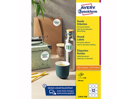 Avery Zweckform etikety 60mm, A4, bílé, 12 etiket, baleno po 100 ks, L3416-100, pro laserové a inkoustové tiskárny, kopírky