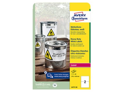Avery Zweckform etikety 210mm x 148mm, A4, matné, bílé, 2 etikety, velmi odolné, baleno po 20 ks, L4717-20, pro laserové tiskárny