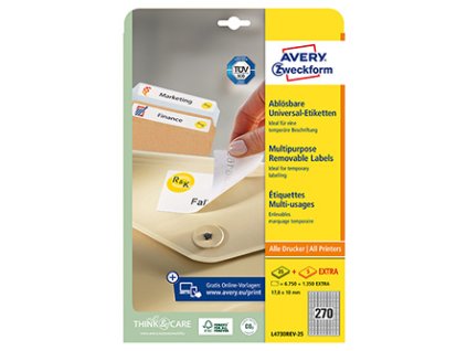 Avery Zweckform etikety 17.8mm x 10mm, A4, bílé, 270 etiket, snímatelné, baleno po 25 ks, L4730REV-25, pro laserové a inkoustové t