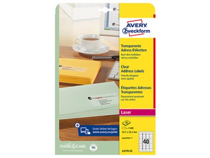 Avery Zweckform etikety 45.7mm x 25.4mm, A4, bílé, 40 etiket, adresní, baleno po 25 ks, L4770-25, pro laserové tiskárny