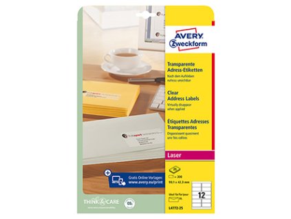 Avery Zweckform etikety 99.1mm x 42.3mm, průhledné, transparentní, 12 etiketa, adresní, baleno po 25 ks, L4772-25, pro laserové ti