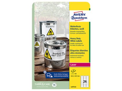 Avery Zweckform etikety 63.5mm x 33.9mm, A4, bílé, 24 etiket, velmi odolné, baleno po 8 ks, L4773-8, pro laserové tiskárny a kopír