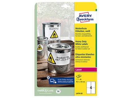 Avery Zweckform etikety 99.1mm x 139mm, A4, matné, bílé, 4 etikety, velmi odolné, baleno po 20 ks, L4774-20, pro laserové tiskárny