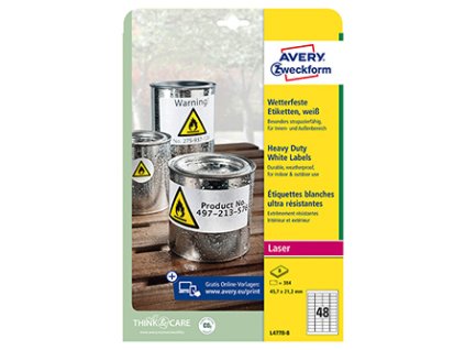 Avery Zweckform etikety 45.7mm x 21.2mm, A4, bílé, 48 etiket, velmi odolné, baleno po 8 ks, L4778-8, pro laserové tiskárny a kopír