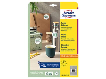 Avery Zweckform etikety 10mm, A4, bílé, 315 etiket, snímatelné, baleno po 25 ks, L6019REV-25, pro laserové a inkoustové tiskárny,